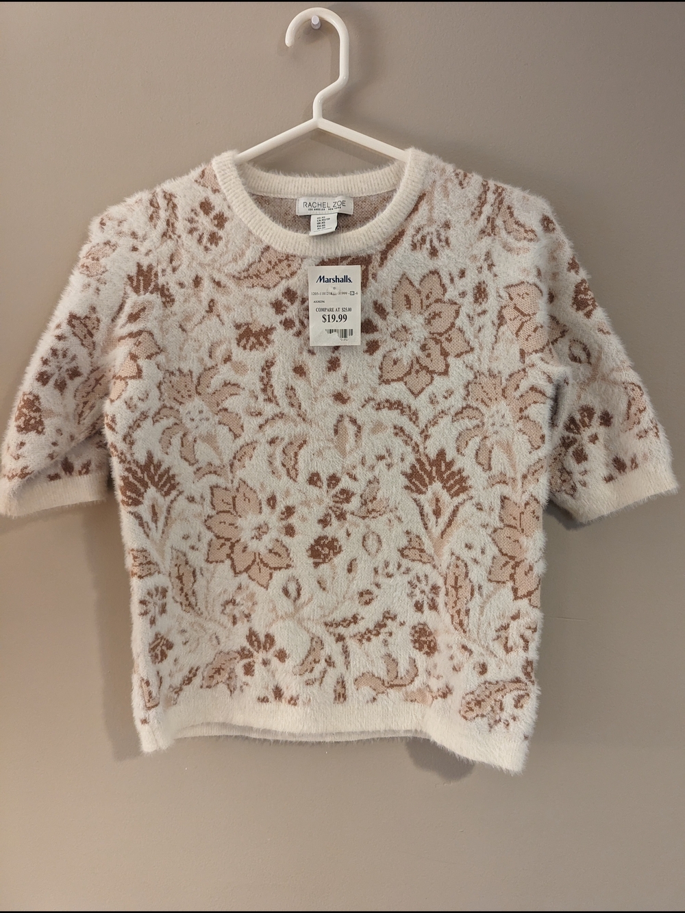 NWT- RACHEL ZOE Ivory and Tan Floral Fuzzy Short-Sleeve Sweater